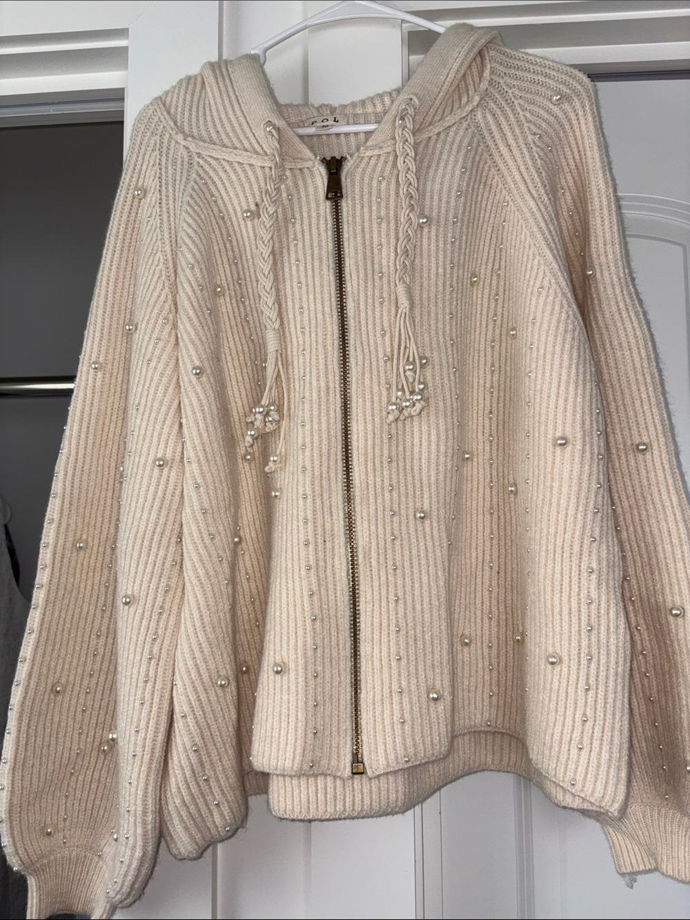 POL Pearl-Embellished Cream Zip Cardigan Hoodie